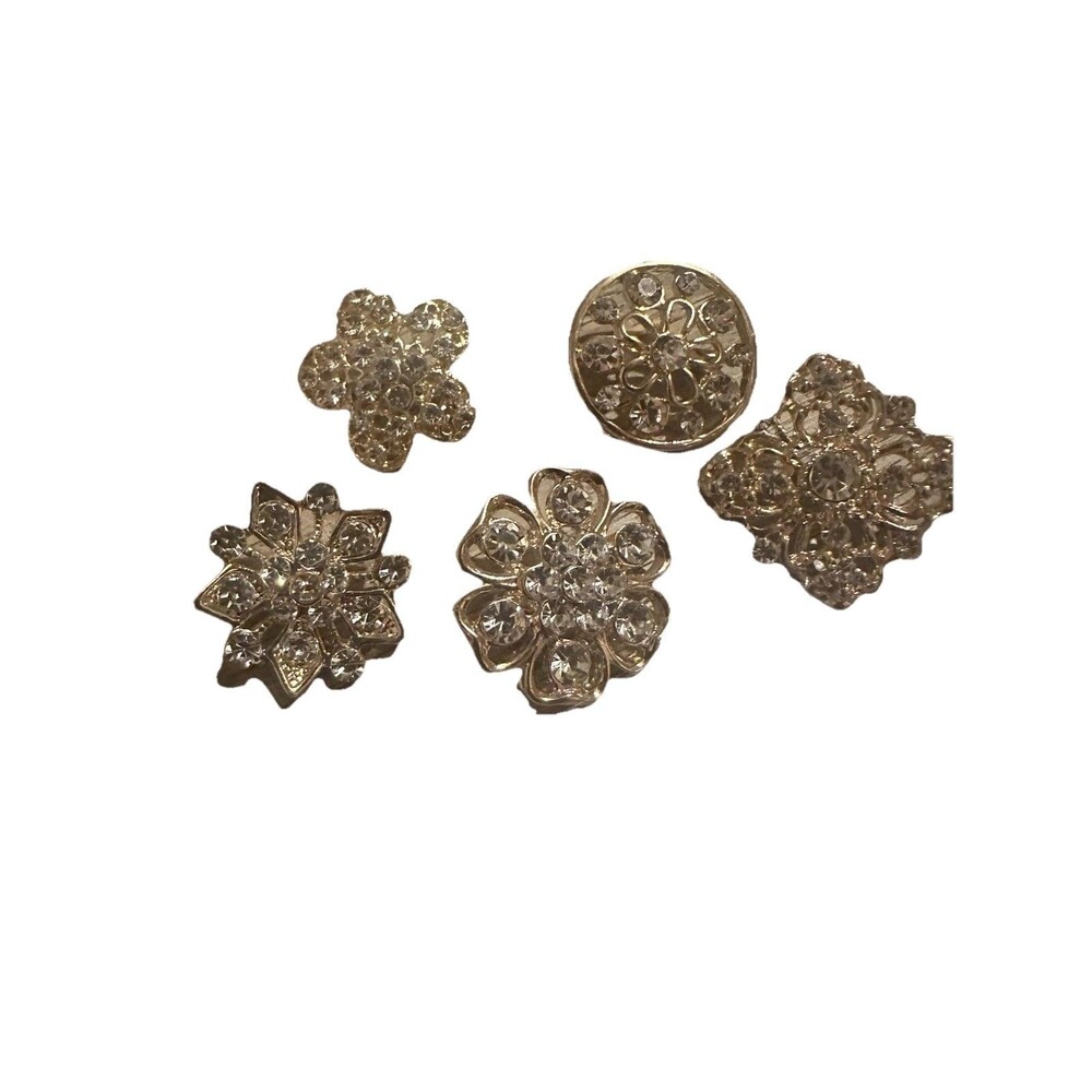 Lot Of 5 Vtg Silver Toned flower Brooches Pins Flower Clear Rhinestones